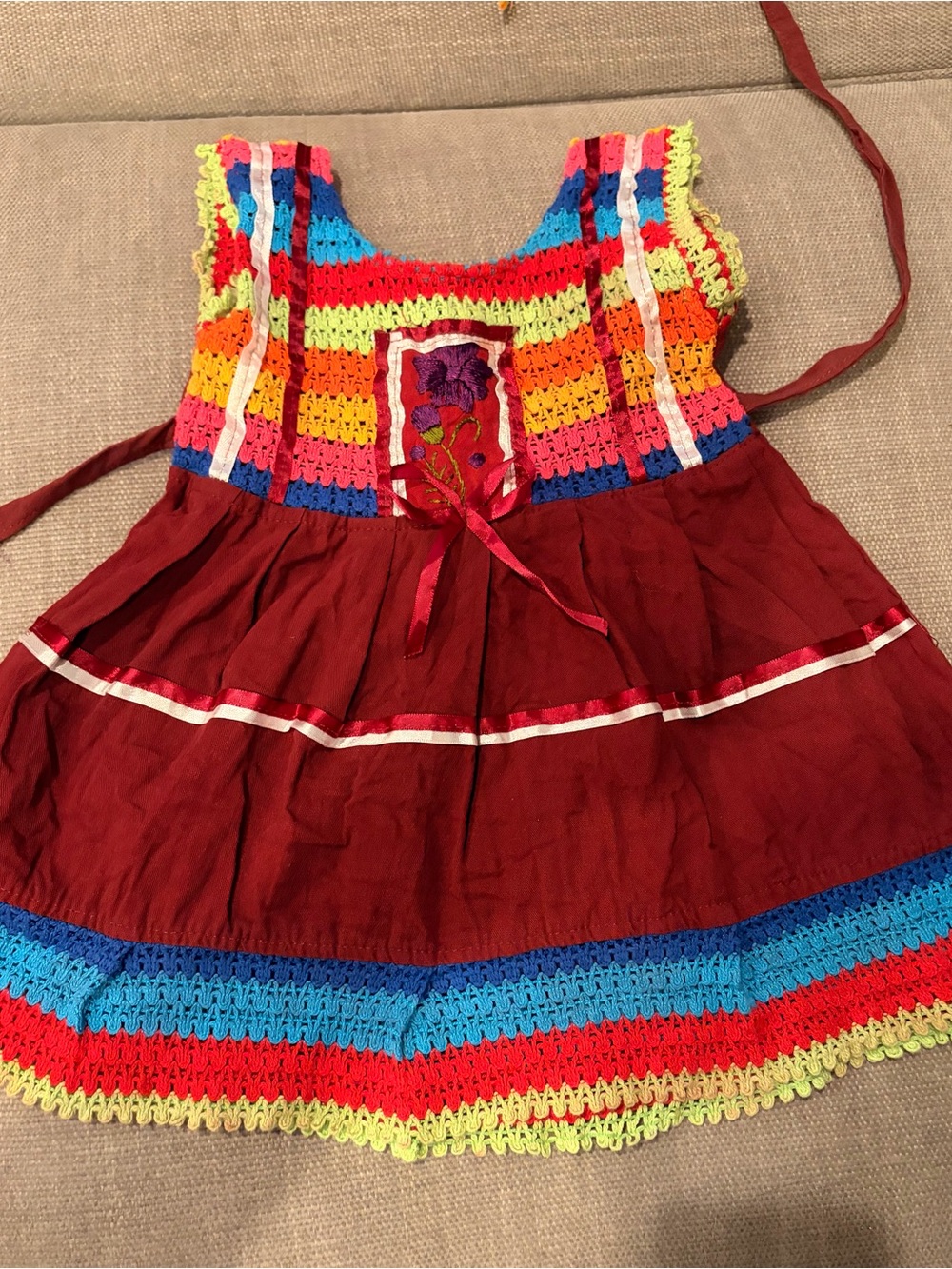 Girls Maroon Fiesta Crochet-Trim Dress - Unbranded